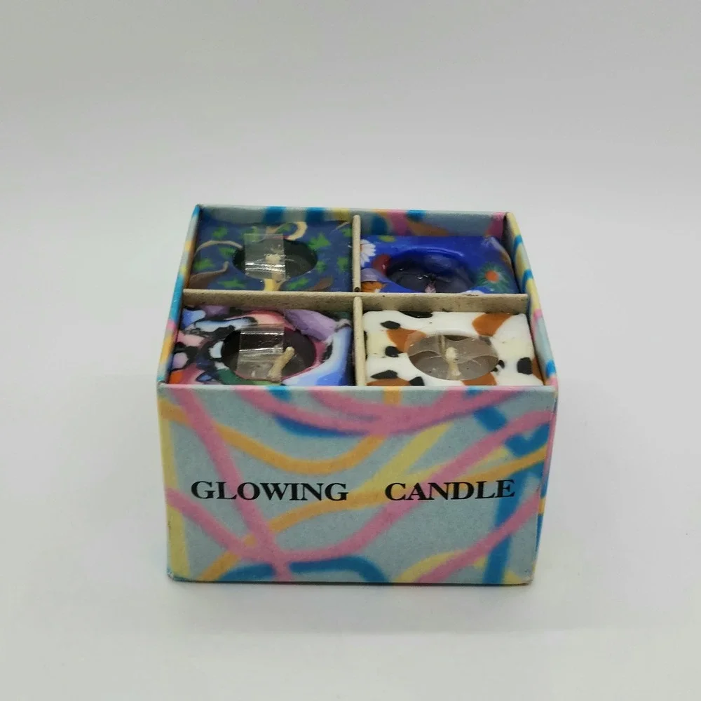 Vintage Glowing Candle Set 4pc Handmade Multi Color Abstract Floral Votive Box